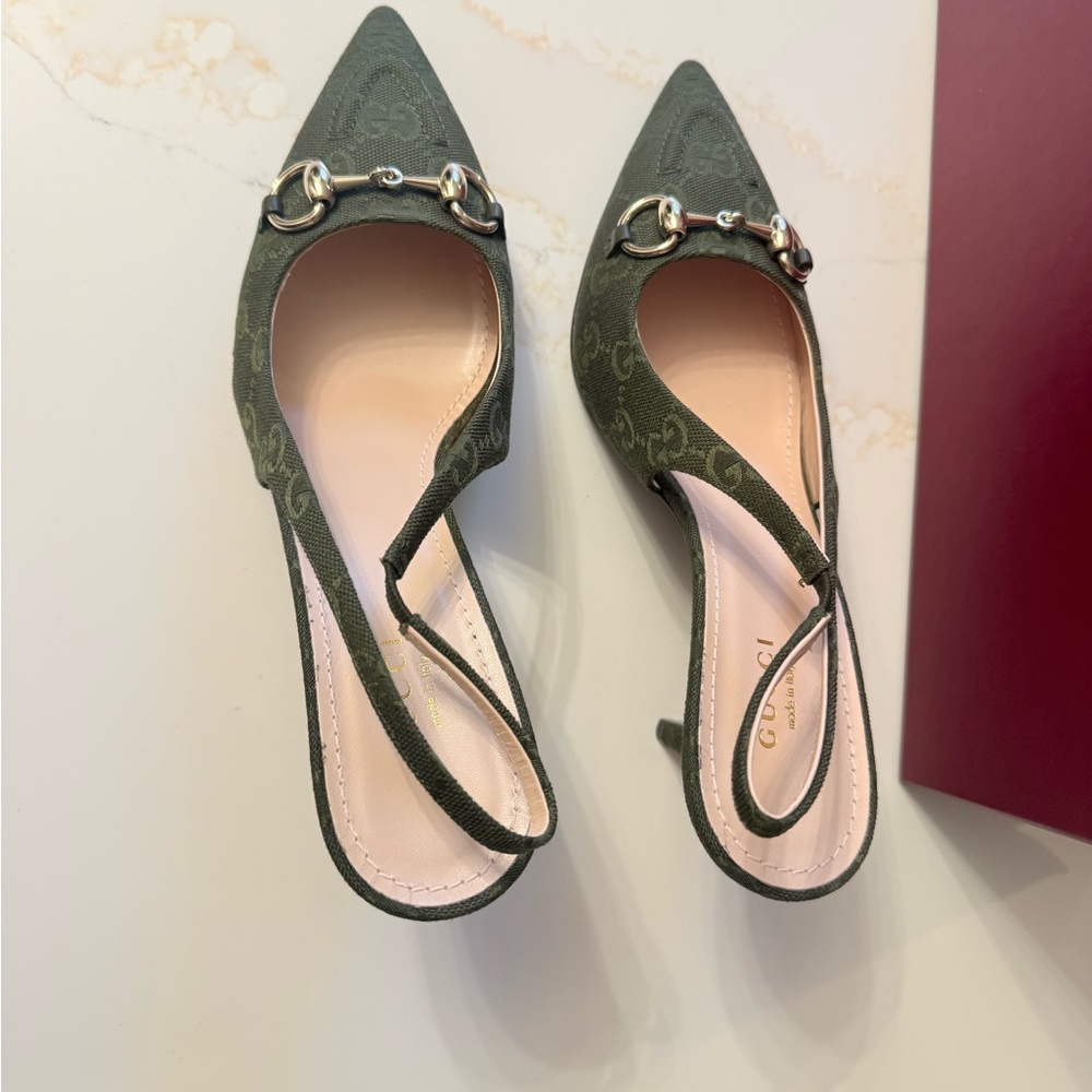 GUCCI SLINGBACK PUMP HORSEBIT GREEN CANVAS 38 - Picture 2 of 15
